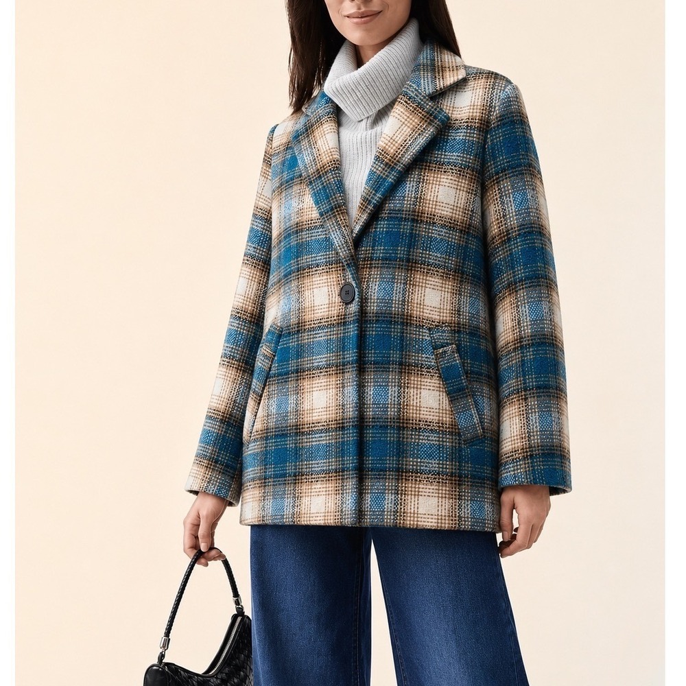 Vintage Focus 2000 Tan, Blue & Turquoise Plaid Coat